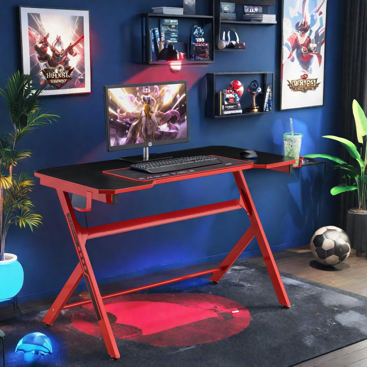 48" Black Red Gaming Computer Desk with Cup Holder L165