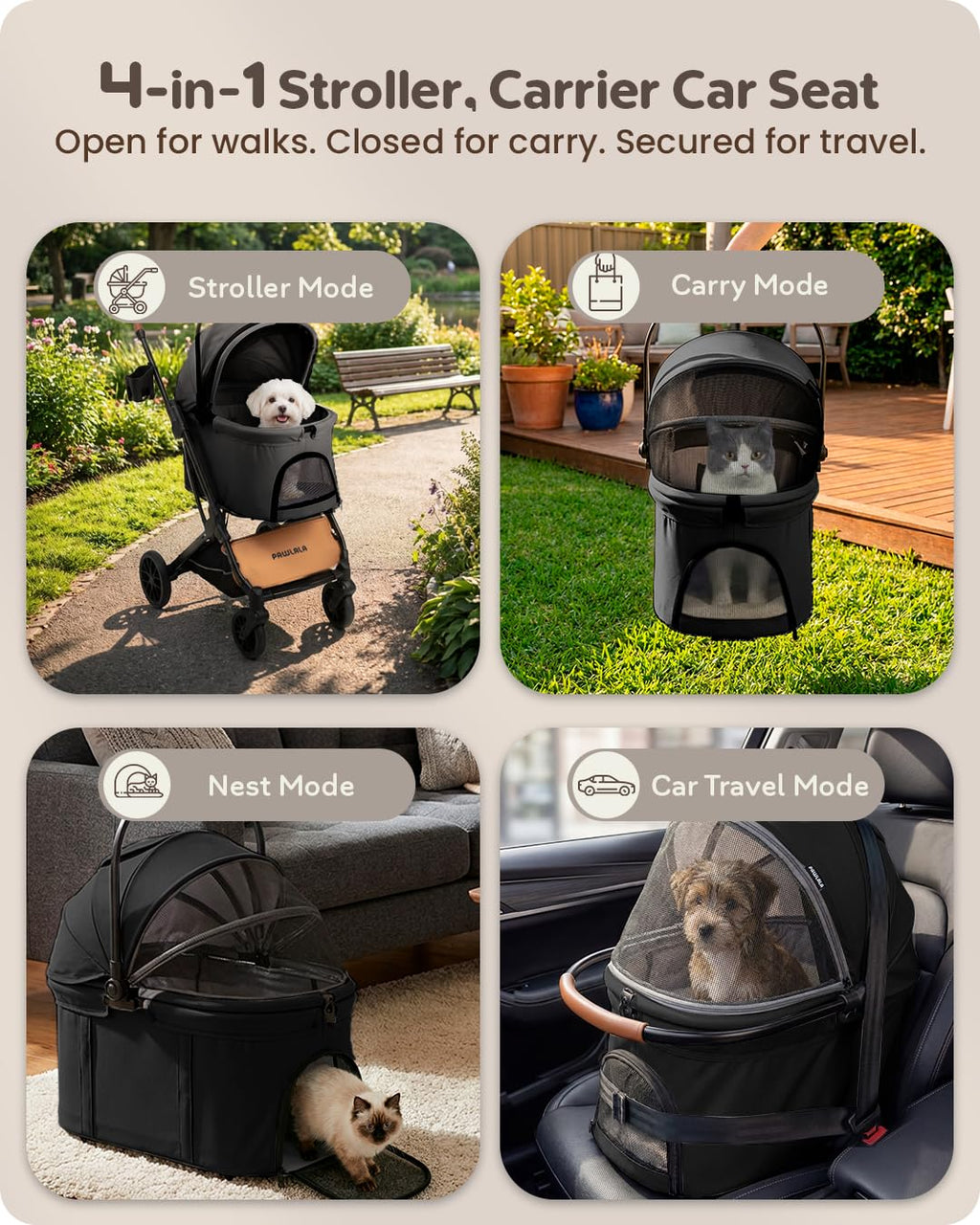 Foldable Pet Stroller with Detachable Carrier, Midnight Black D2450