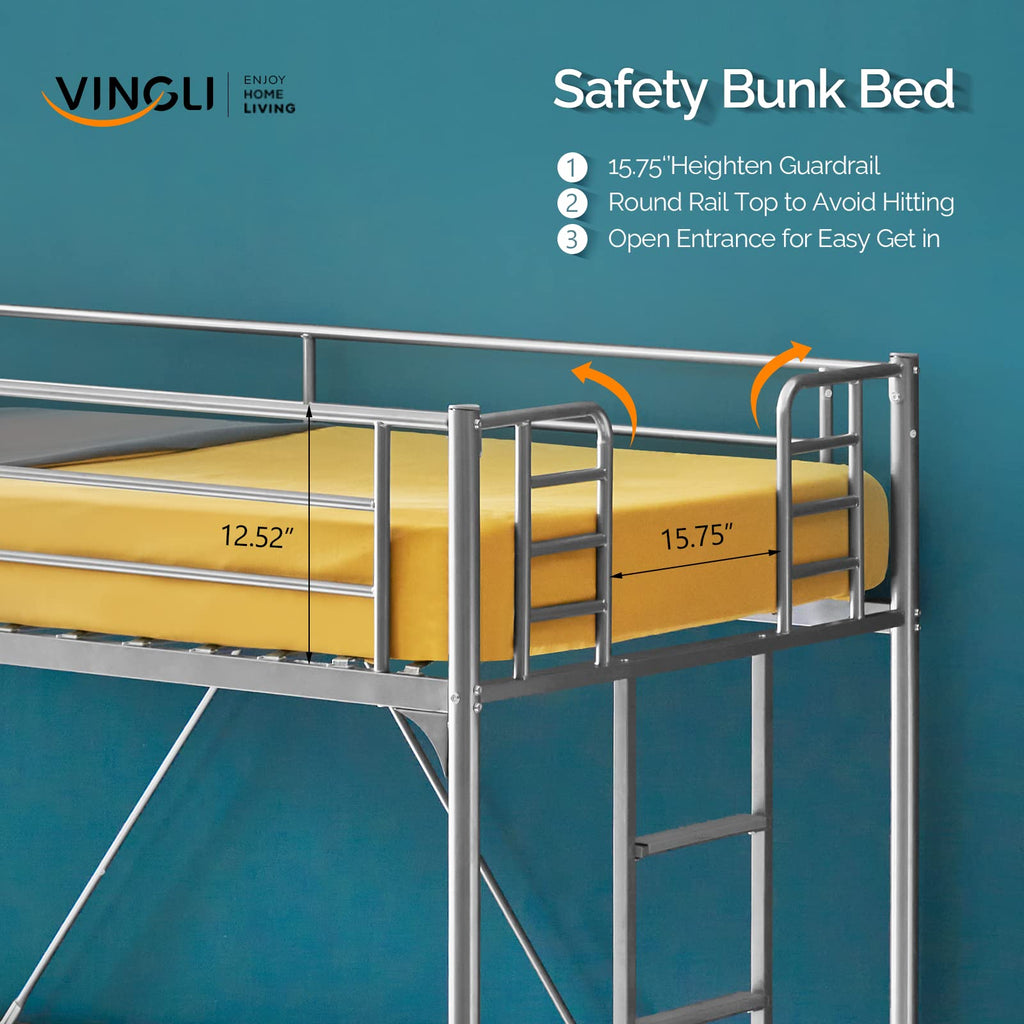 71 Inches Tall Twin Size Metal Loft Bed with Ladder and Safety Guard Rails, Gray I3849