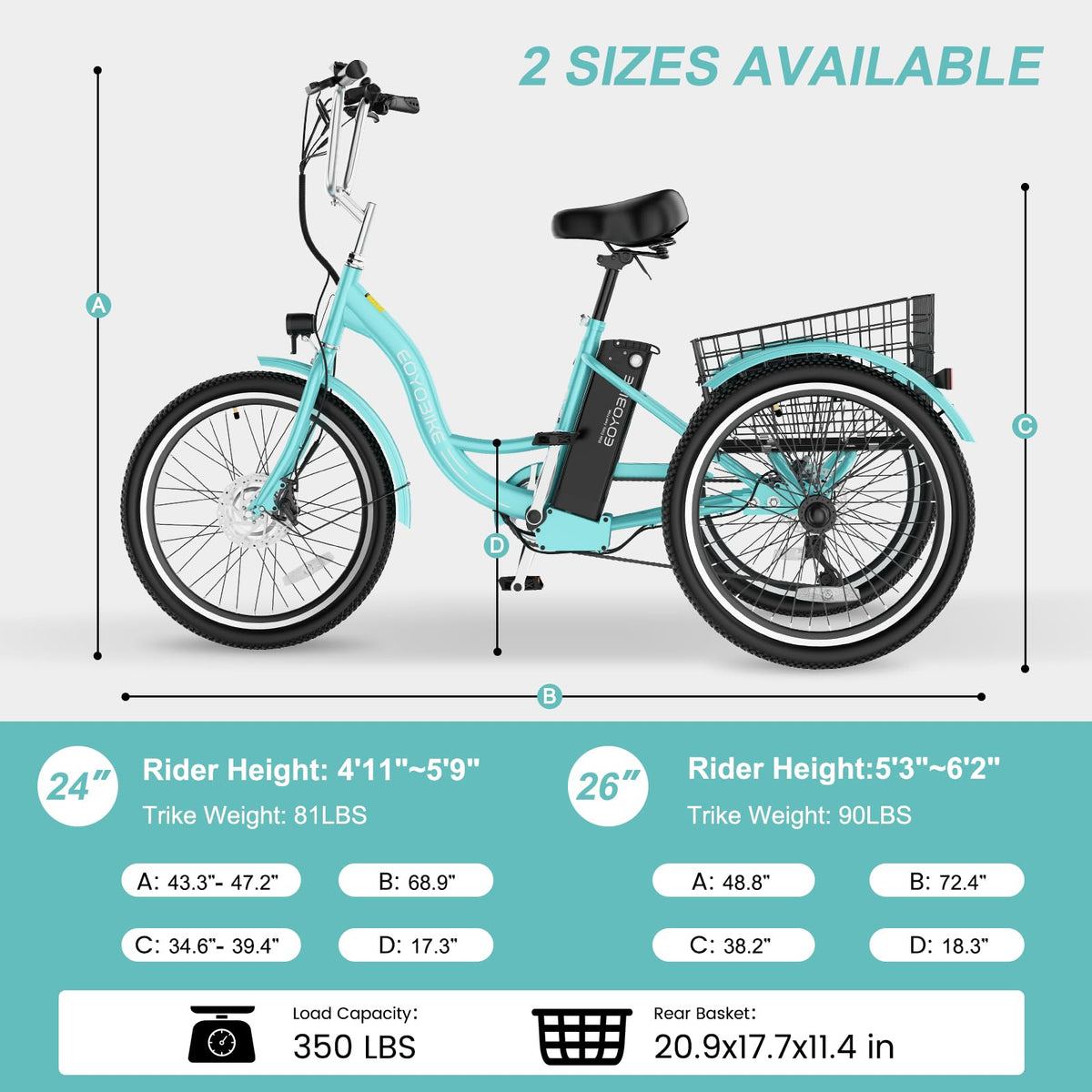 24/26 Inch 350W Electric Tricycle with Removable 36V Battery and Rear Basket S2594