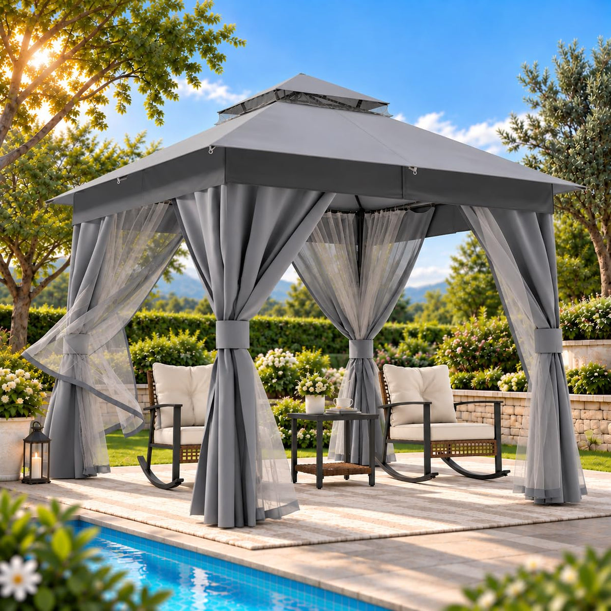 8x8 Gazebo Canopy with Netting, Curtains & Double Roof K726
