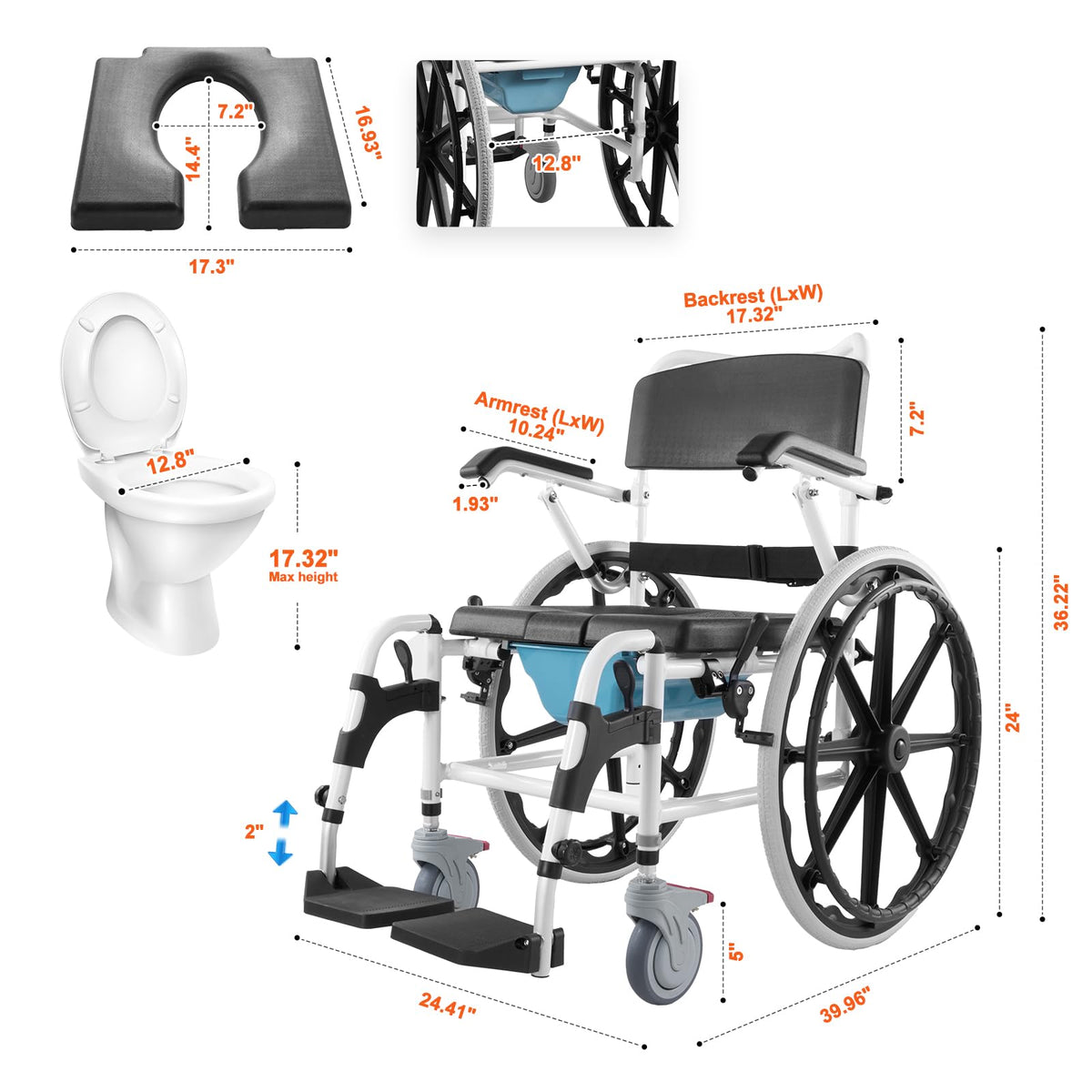 17.5in Adjustable Aluminum Shower Wheelchair with Brake X90646