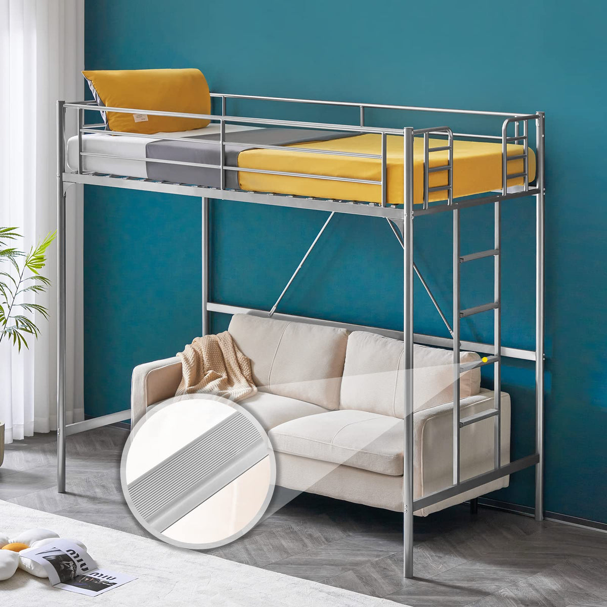 71 Inches Tall Twin Size Metal Loft Bed with Ladder and Safety Guard Rails, Gray I3849
