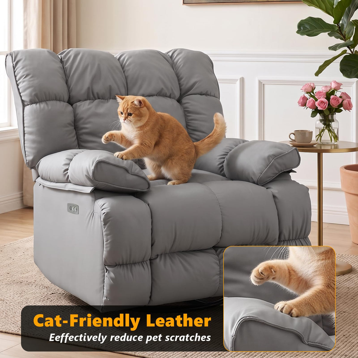 Oversized Gray Leather Power Swivel Rocker Recliner A9302