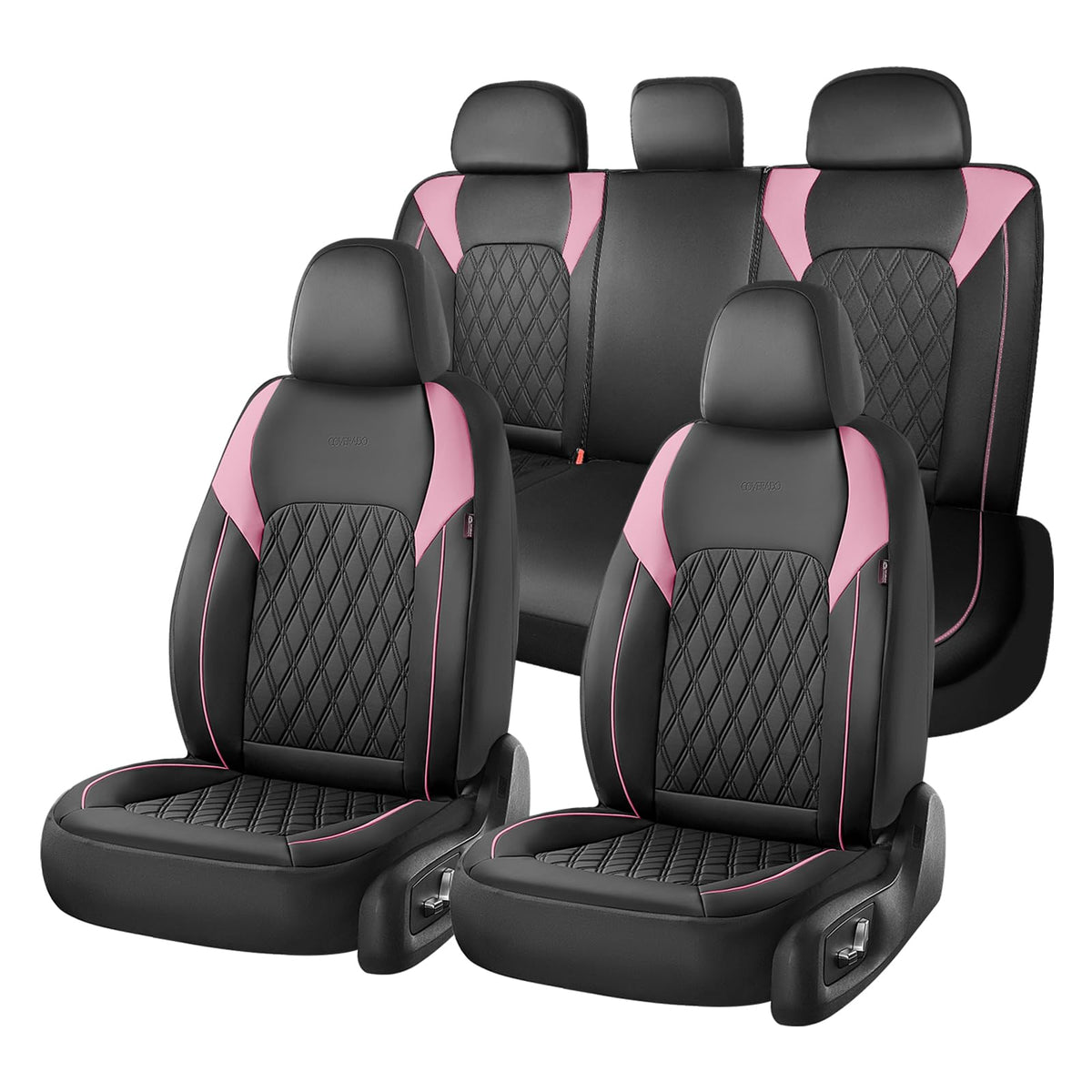 Black Pink Faux Leather Car Seat Covers Full Set L5466