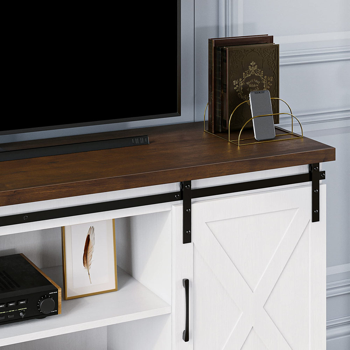 65 Inch TV Stand with Sliding Barn Doors and Storage Cabinet U820189