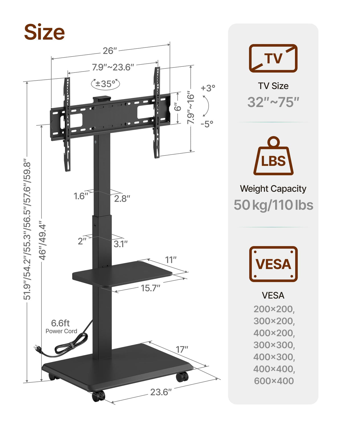 Rolling TV Stand with Power Outlet for 32-75 inch TVs G2203