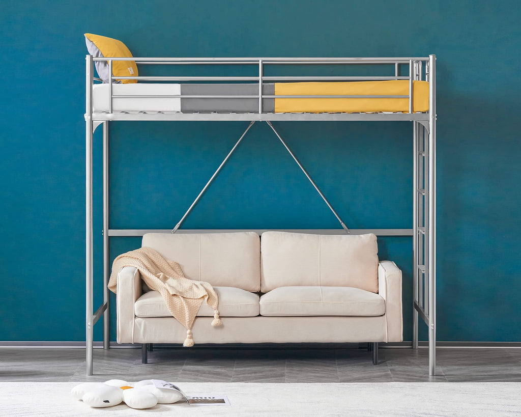71 Inches Tall Twin Size Metal Loft Bed with Ladder and Safety Guard Rails, Gray I3849