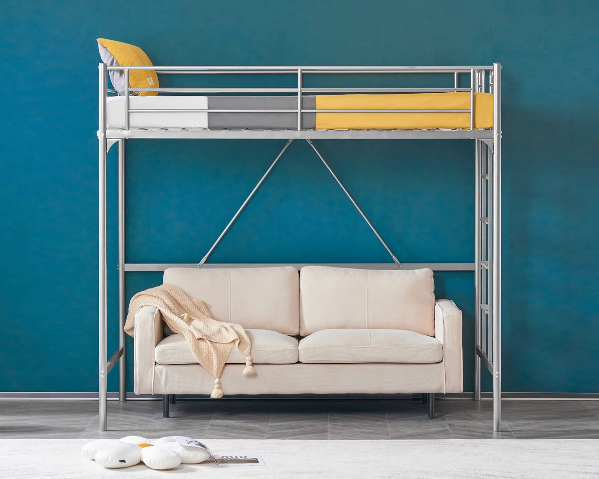 71 Inches Tall Twin Size Metal Loft Bed with Ladder and Safety Guard Rails, Gray I3849