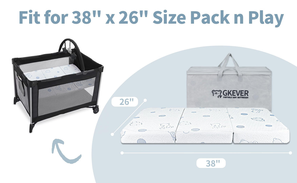 Tri-fold Pack and Play Mattress, 38x26 Dual Foam with Travel Bag O8108