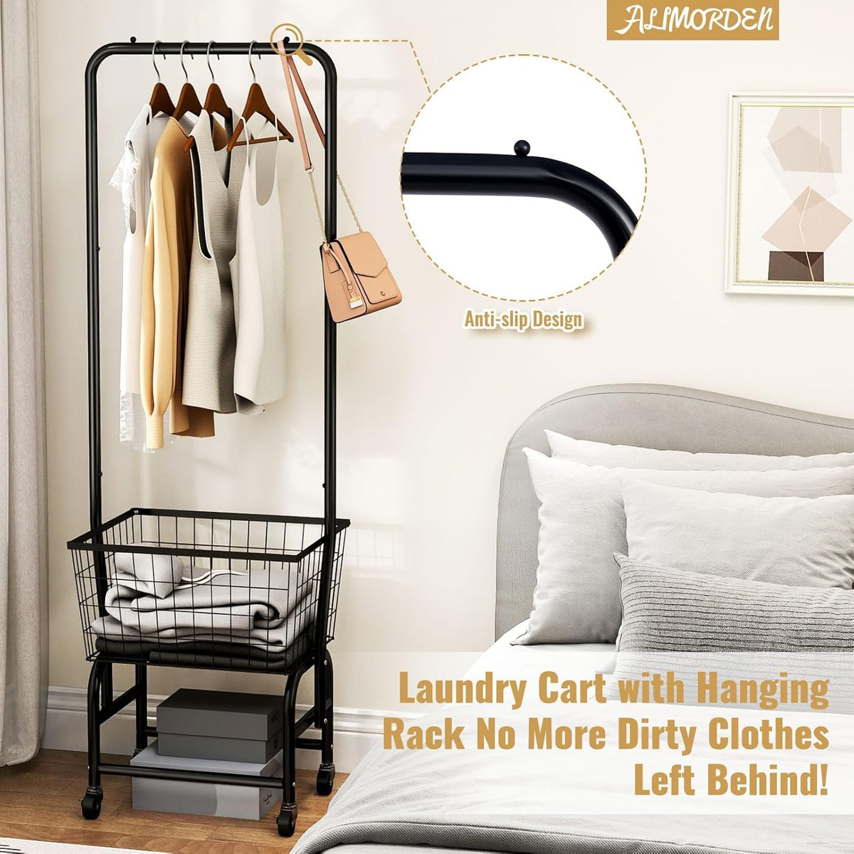 Black Rolling Laundry Cart with Hanging Rack P4558