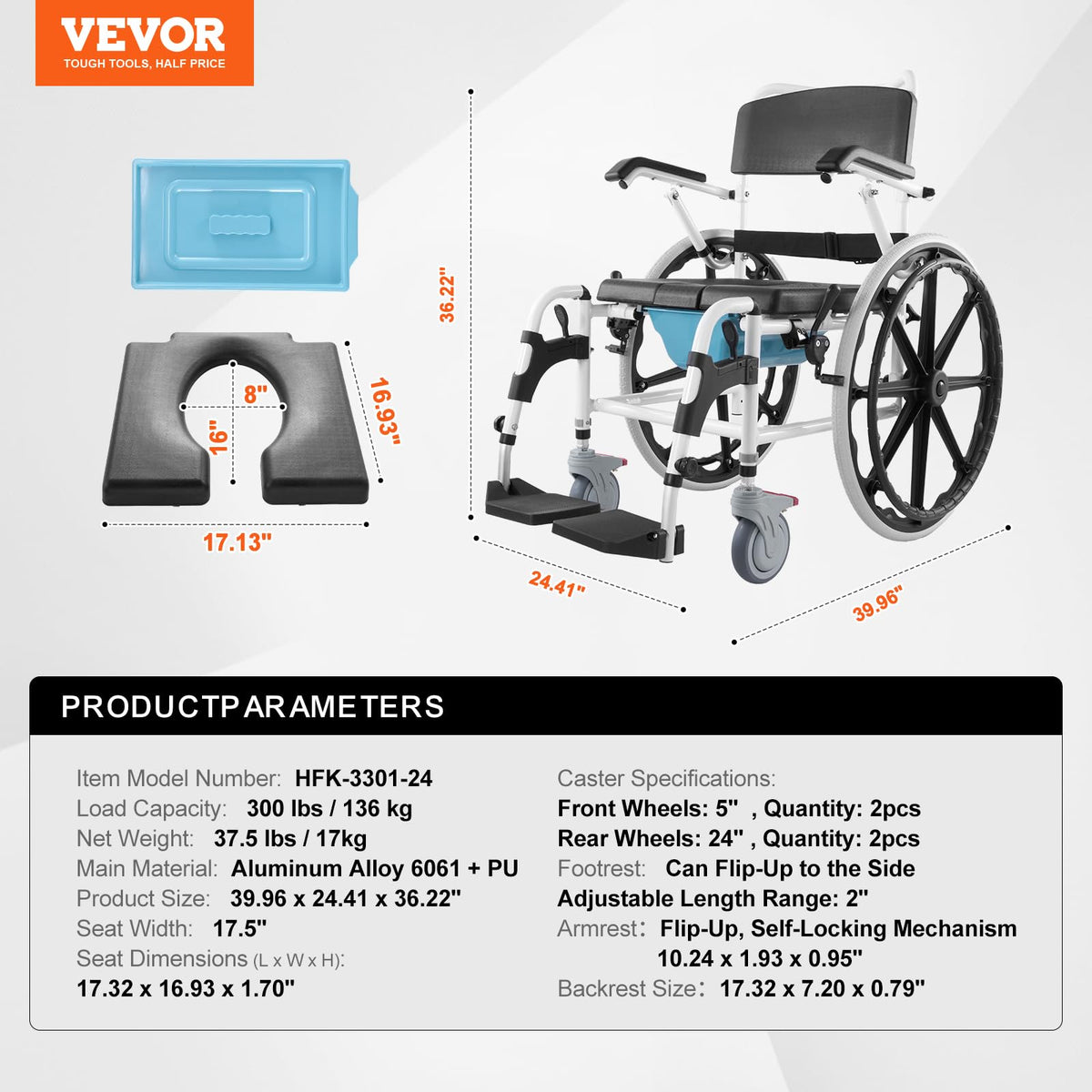 17.5in Adjustable Aluminum Shower Wheelchair with Brake X90646