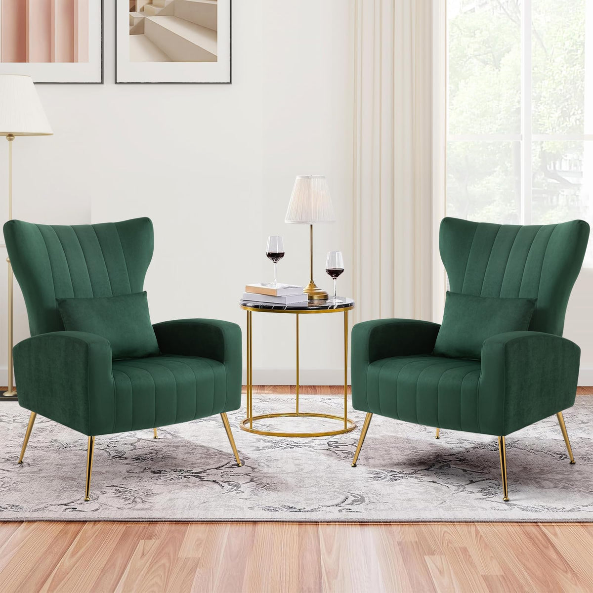 Green Velvet Accent Chairs Set of 2 with Lumbar Pillow I851