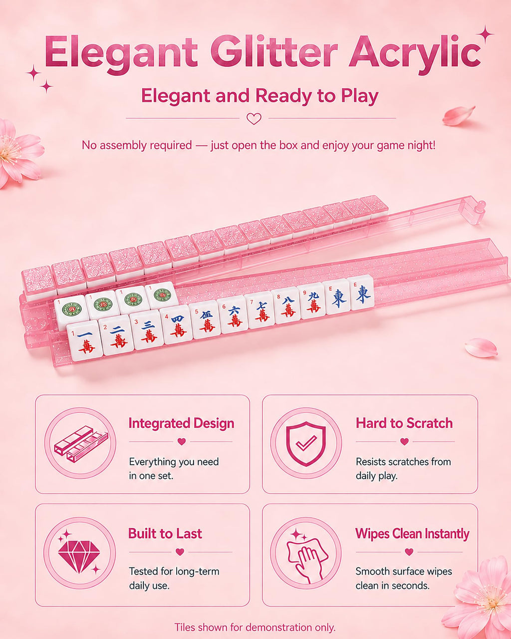 Pink Glitter Acrylic Mahjong Racks with Pushers Set of 4 F9773