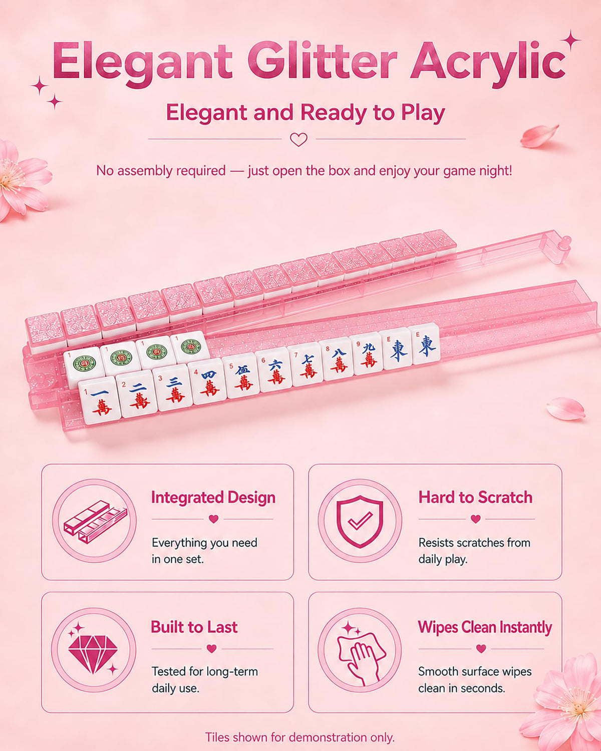 Pink Glitter Acrylic Mahjong Racks with Pushers Set of 4 F9773