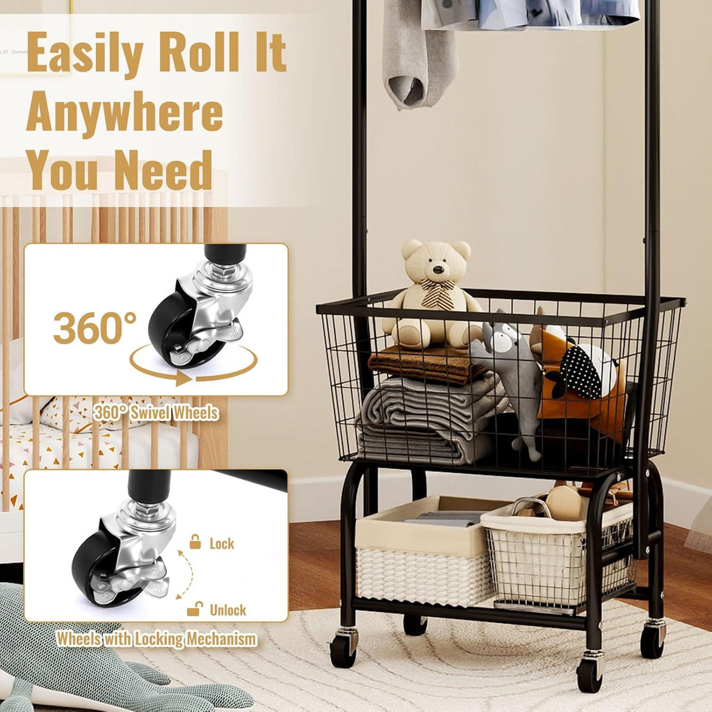 Black Rolling Laundry Cart with Hanging Rack P4558