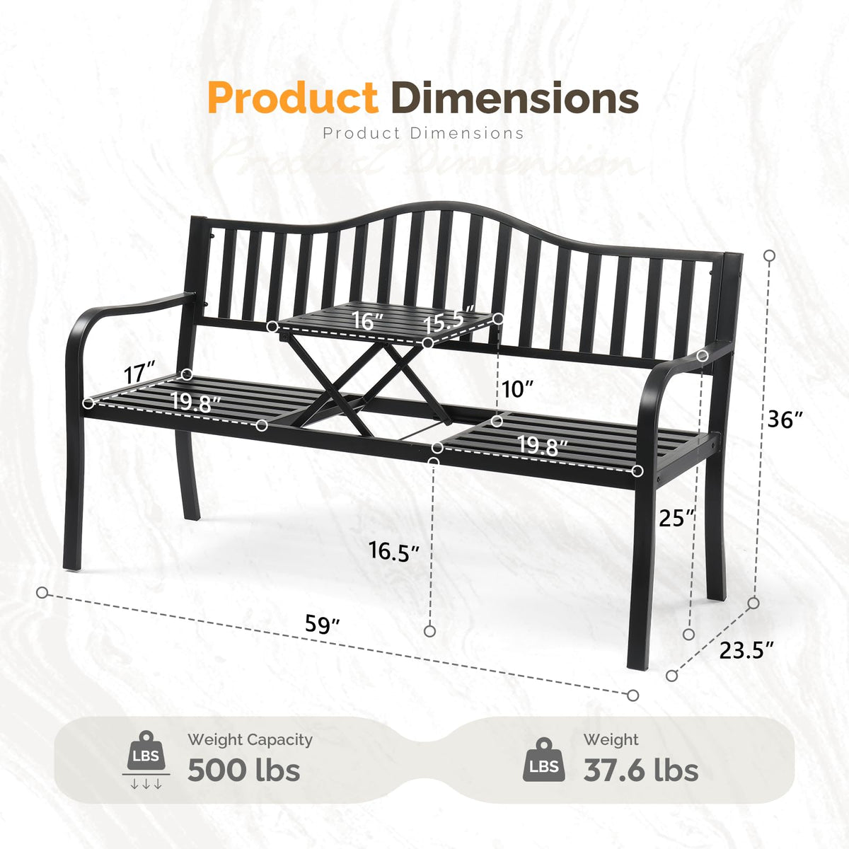 59" Outdoor Metal Bench with Built in Table Y80058