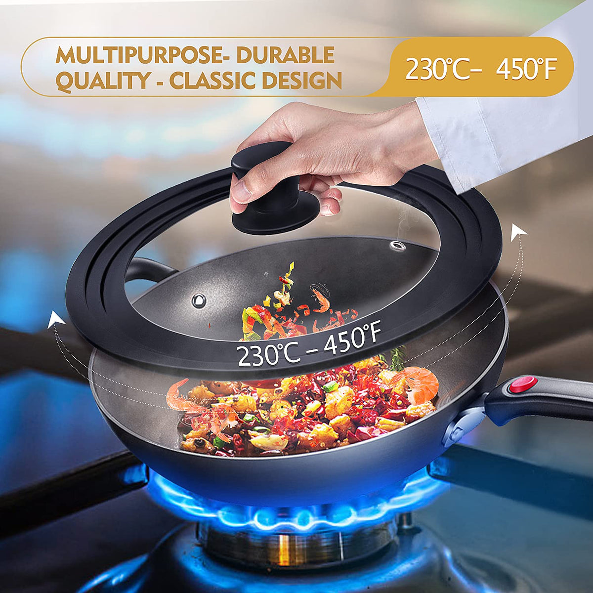 Universal Lid for Pots Pans and Skillets with Silicone Rim and Tempered Glass L6598