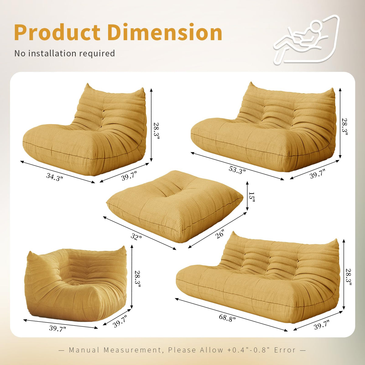 Yellow Corduroy Memory Foam Bean Bag Chair X7249