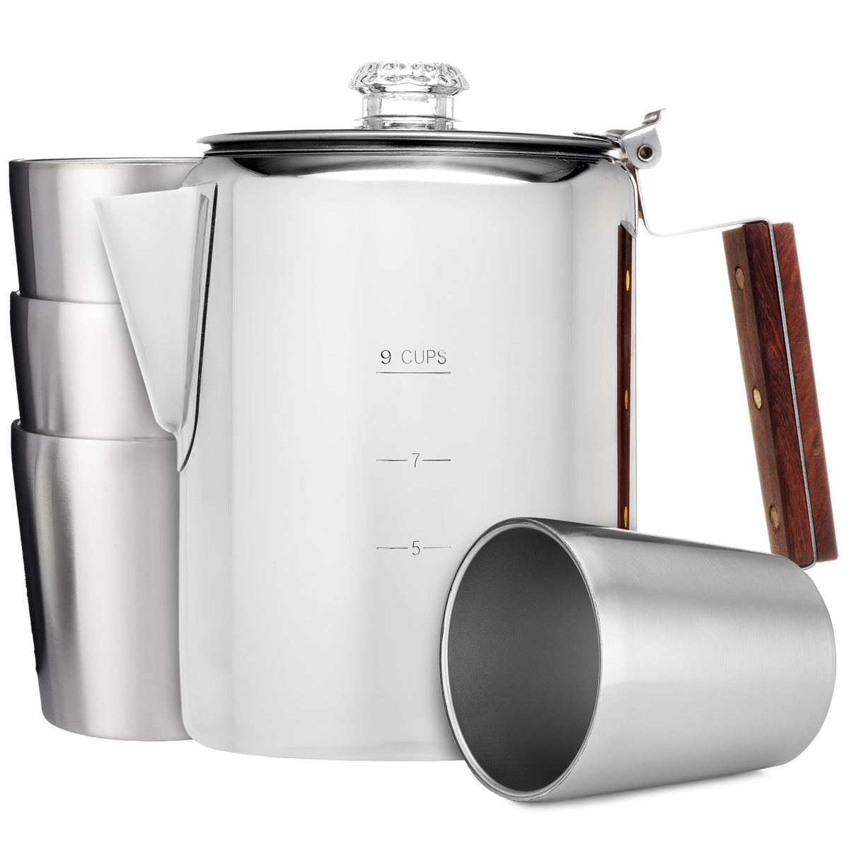 9 Cup Percolator Coffee Pot & 10 oz Double Wall Stainless Steel Cups M2359