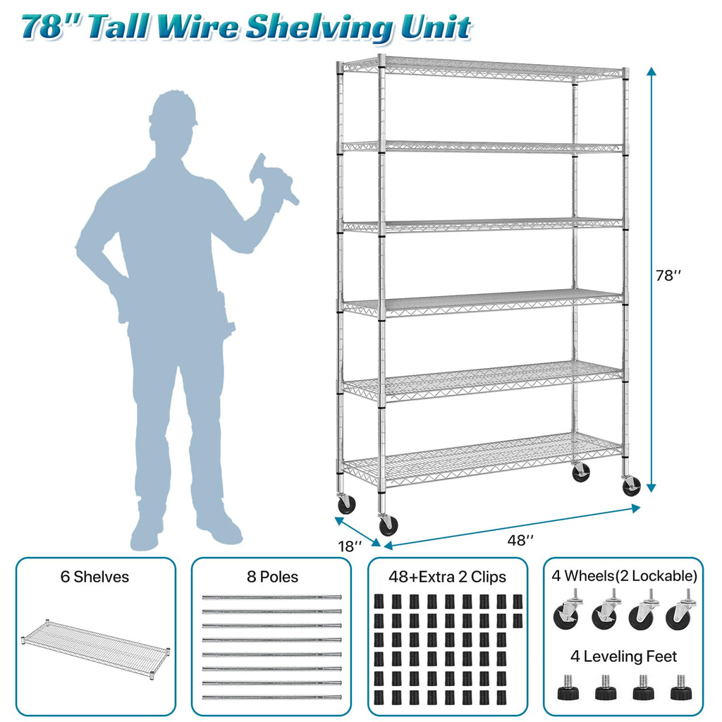 6-Tier Heavy Duty Steel Wire Shelving Unit with Wheels W19181