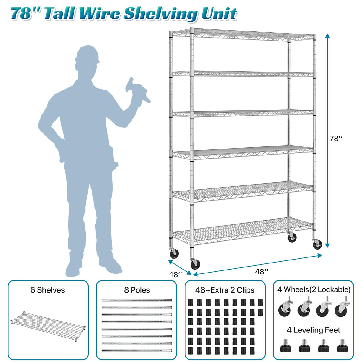 6-Tier Heavy Duty Steel Wire Shelving Unit with Wheels W19181