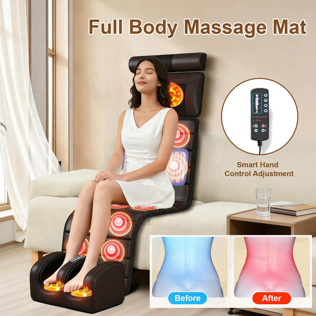 Brown Full Body Heating Massage Mat with Detachable Neck and Leg Massagers B399729
