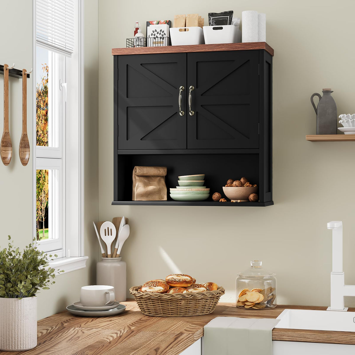 Black Wall Mounted Bathroom Cabinet with Adjustable Shelf V78068