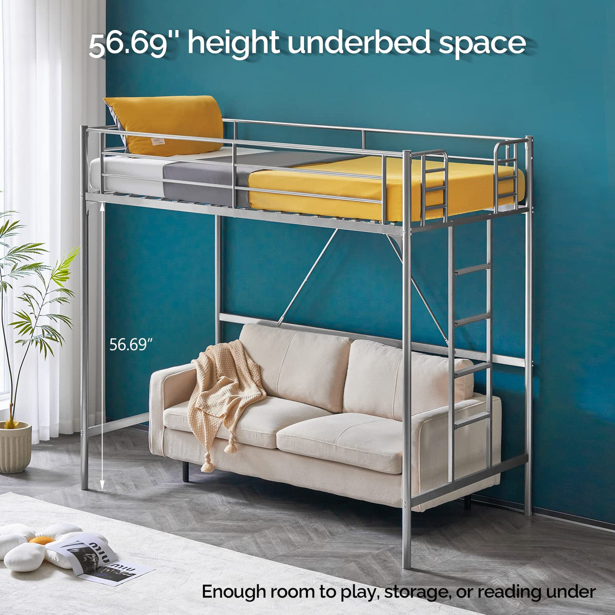 71 Inches Tall Twin Size Metal Loft Bed with Ladder and Safety Guard Rails, Gray I3849