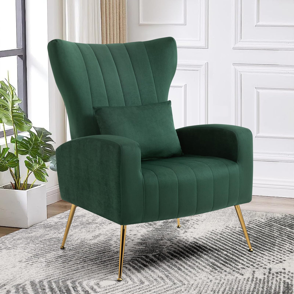 Green Velvet Accent Chairs Set of 2 with Lumbar Pillow I851