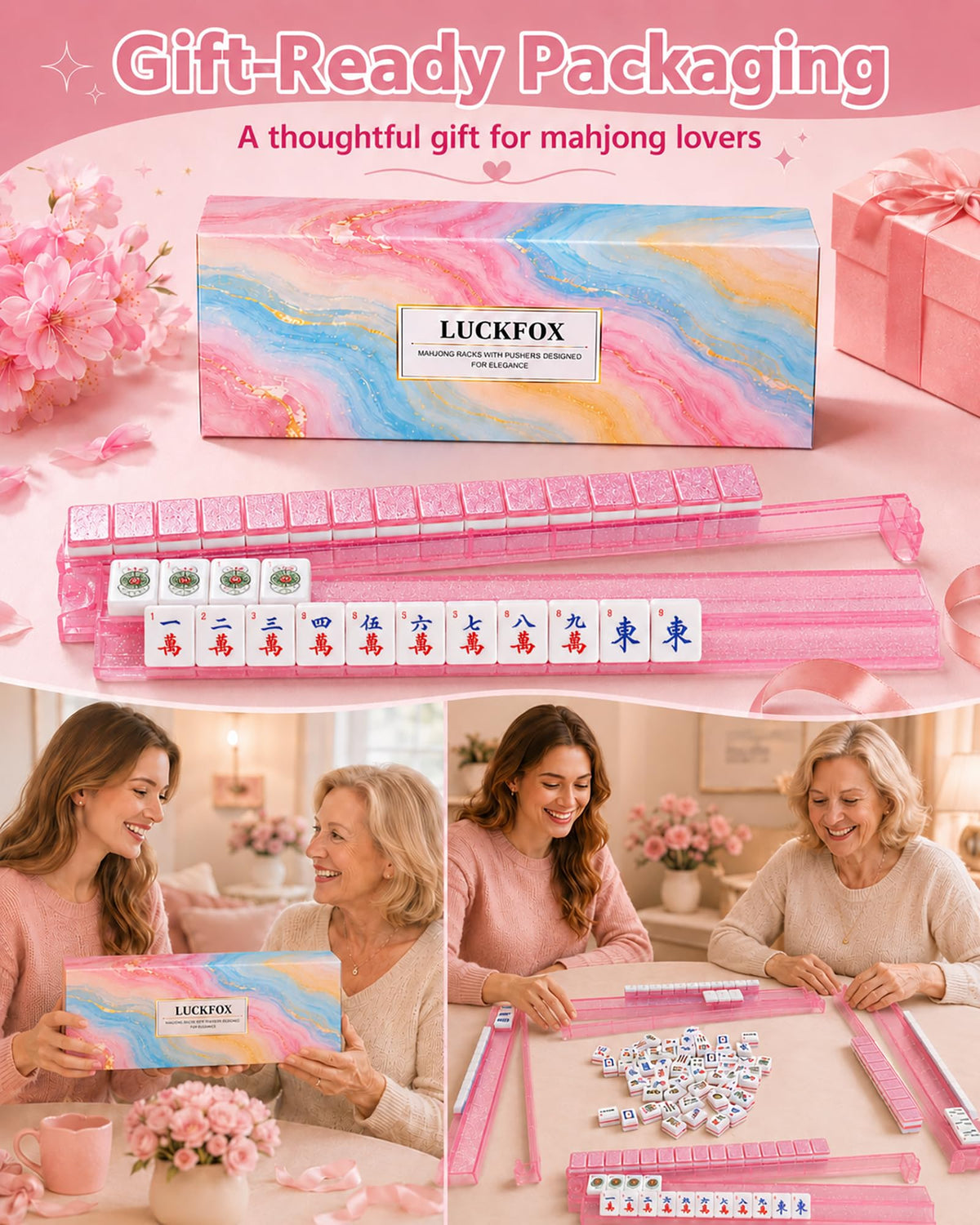Pink Glitter Acrylic Mahjong Racks with Pushers Set of 4 F9773