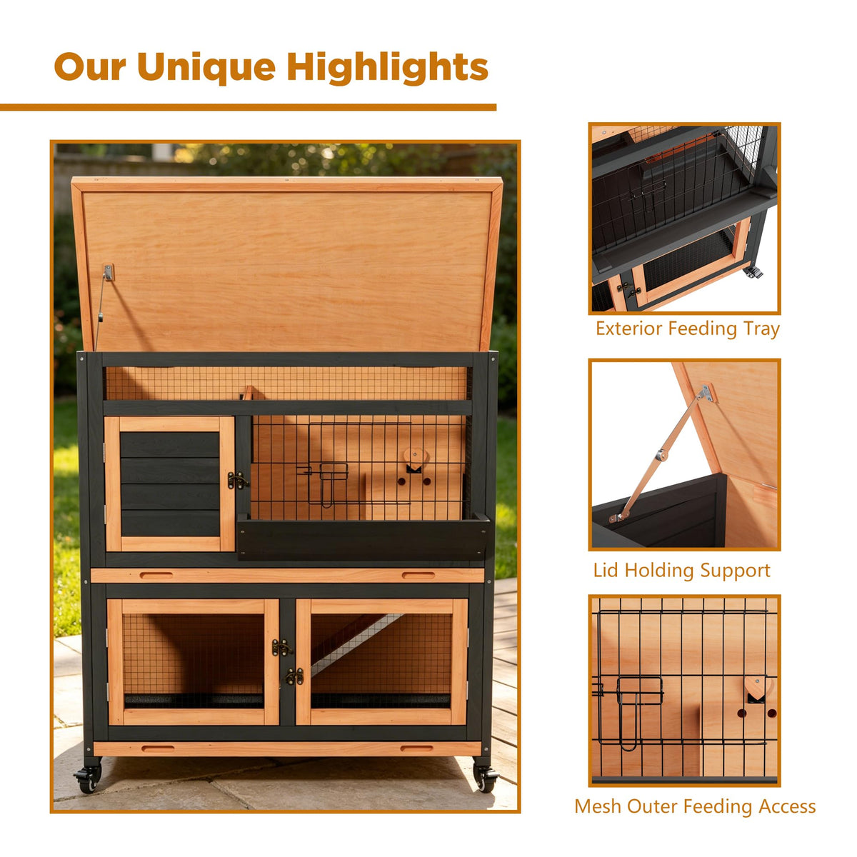 2-Tier Wooden Rabbit Hutch with Wheels B26290