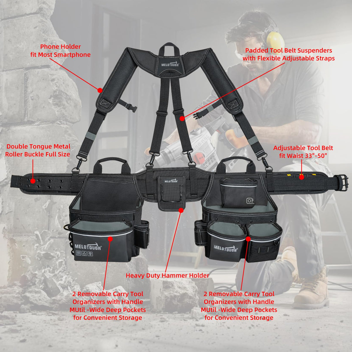 Tool Belt with Suspenders 32 Pockets 34"-48" Waist P214652