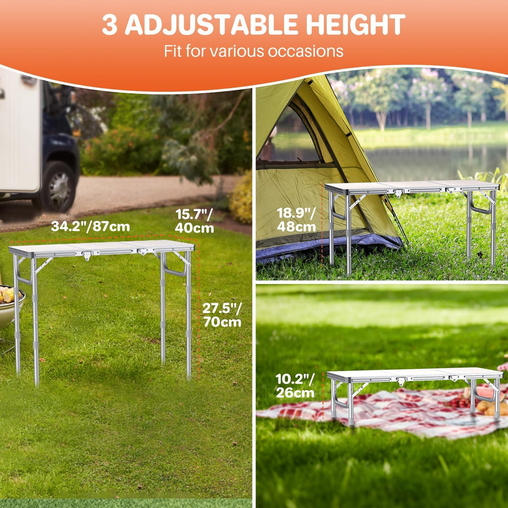 3ft Folding Camping Table, 3 Height Adjustable White E2453