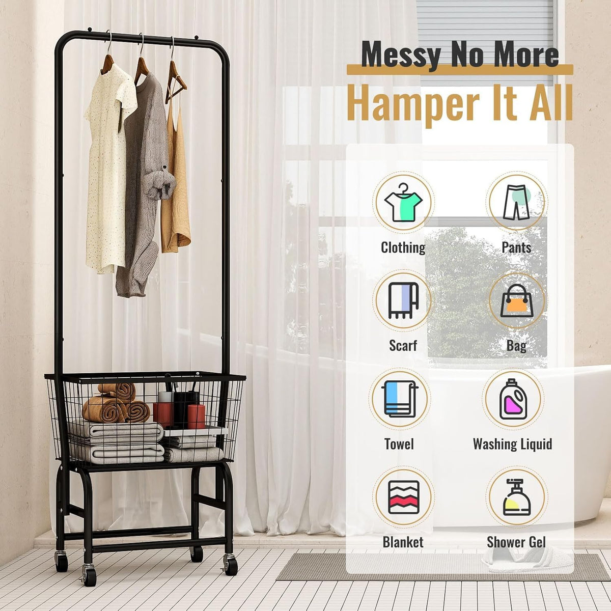 Black Rolling Laundry Cart with Hanging Rack P4558