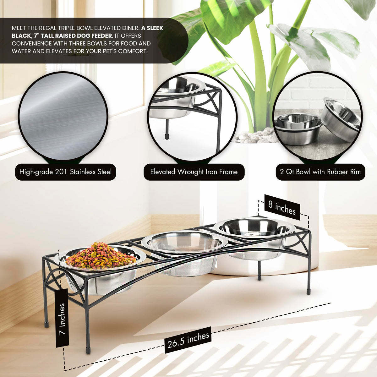 Black Triple Bowl Dog and Cat Feeder Stand with 3-2 Qt Stainless Bowls X80387