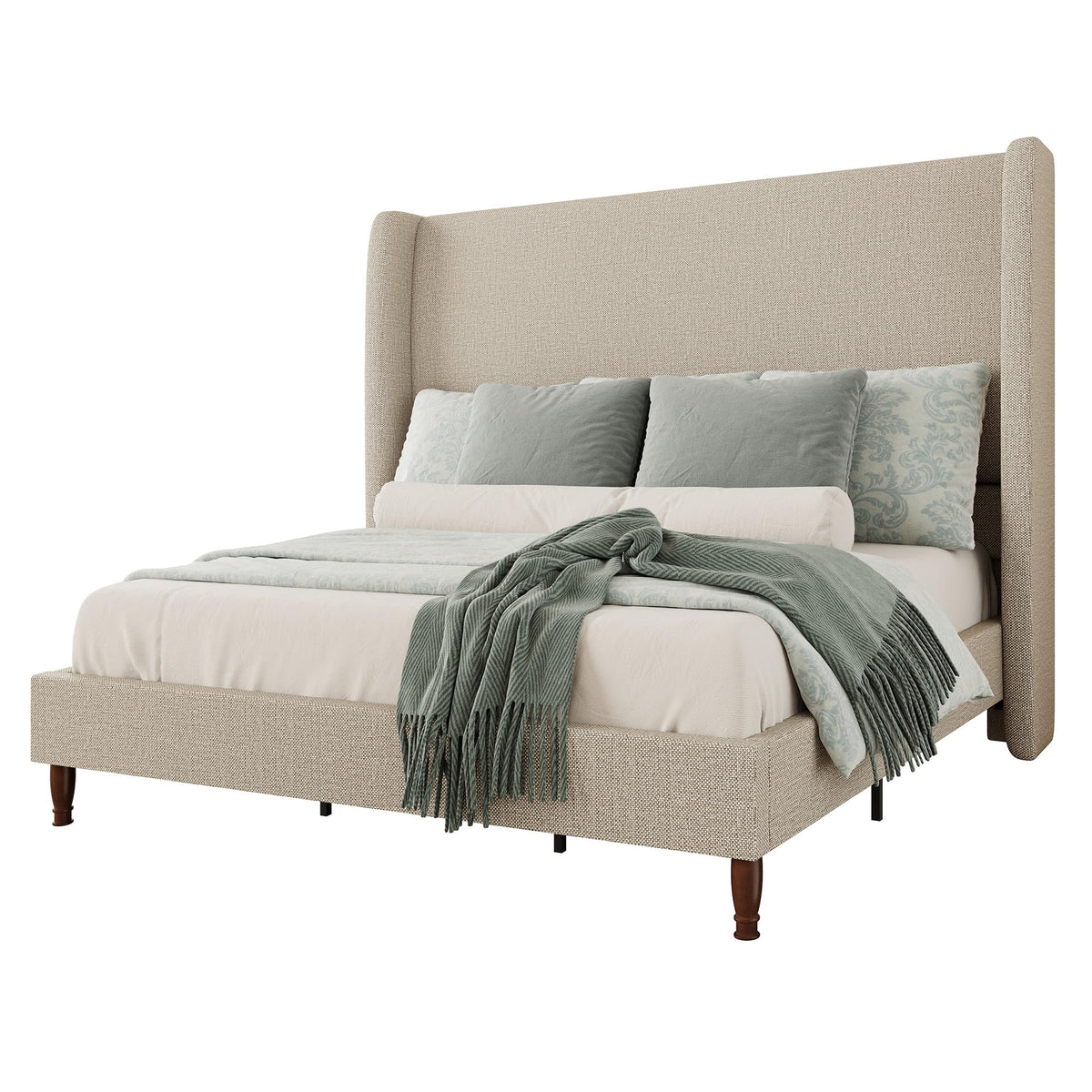 Queen Size Upholstered Wingback Headboard Bed Frame N95518