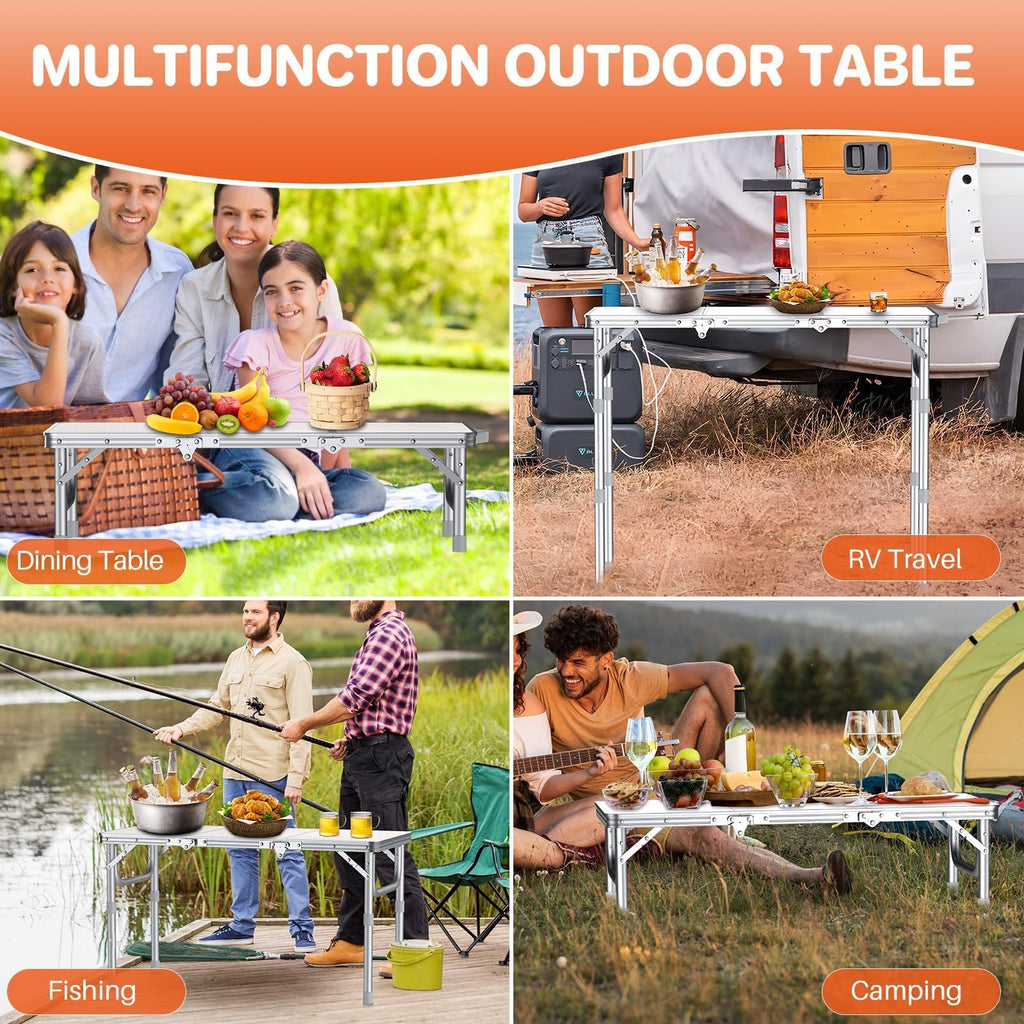 3ft Folding Camping Table, 3 Height Adjustable White E2453