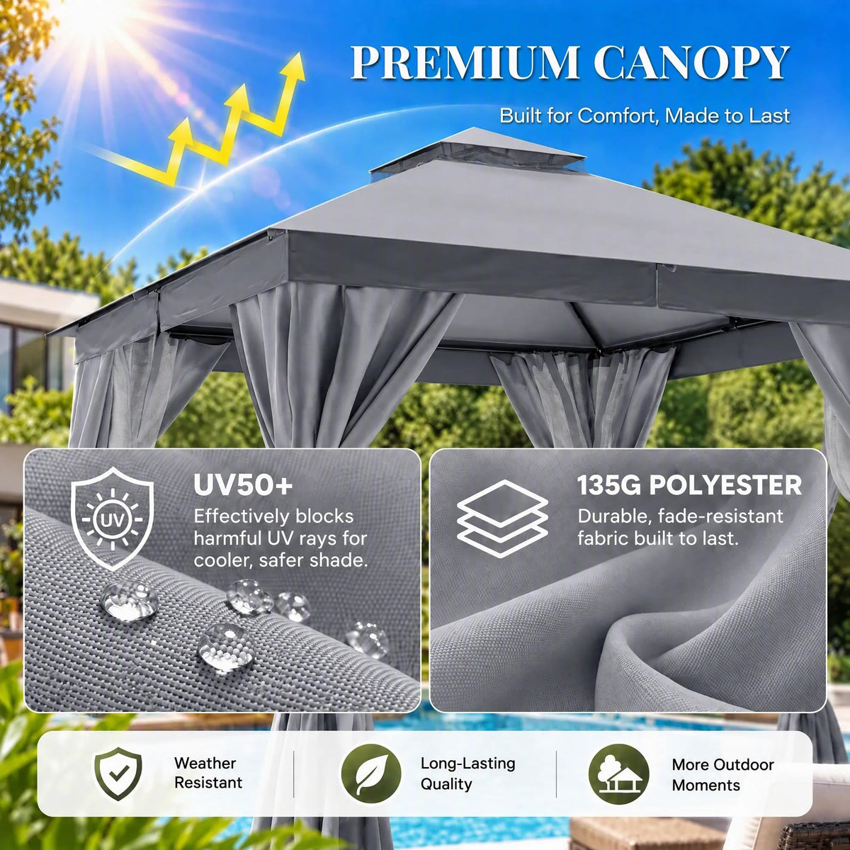 8x8 Gazebo Canopy with Netting, Curtains & Double Roof K726