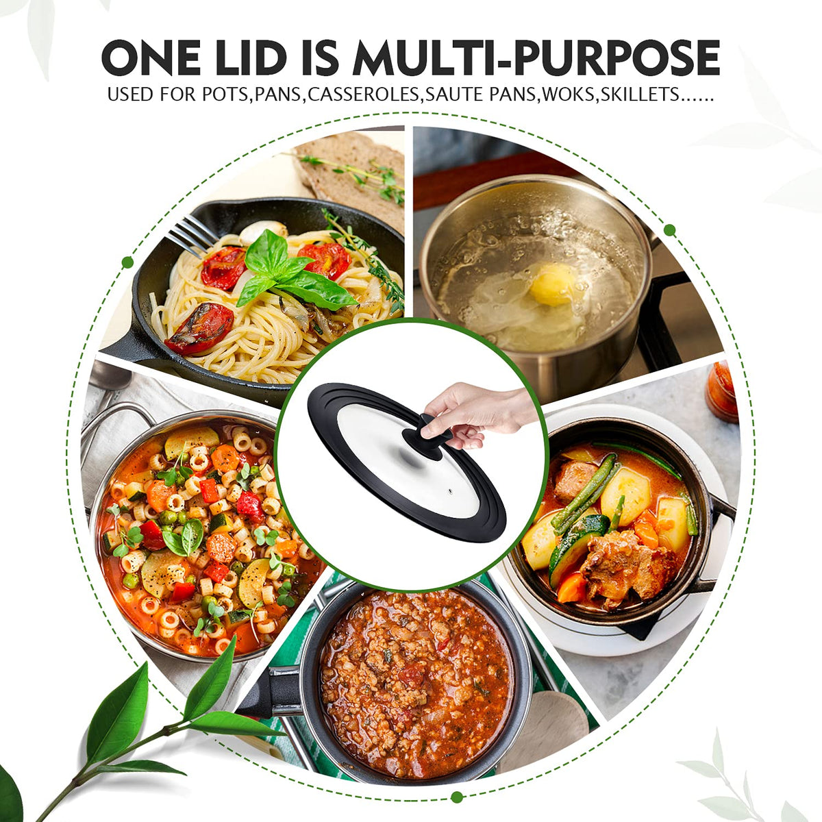 Universal Lid for Pots Pans and Skillets with Silicone Rim and Tempered Glass L6598