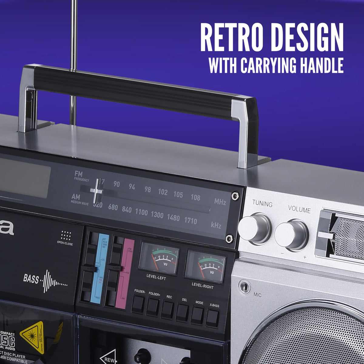 Retro Boombox CD Player with Cassette Recording, Bluetooth, FM/AM Radio, USB/SD/AUX Inputs, Dual 40W Speakers L239