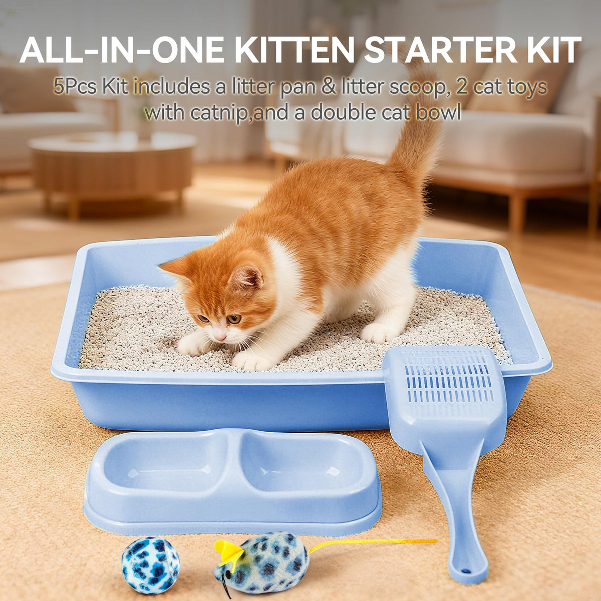 Cat Litter Box Set with Litter Scoop, Double Dish Cat Bowl, Mouse and Ball Toy X17128