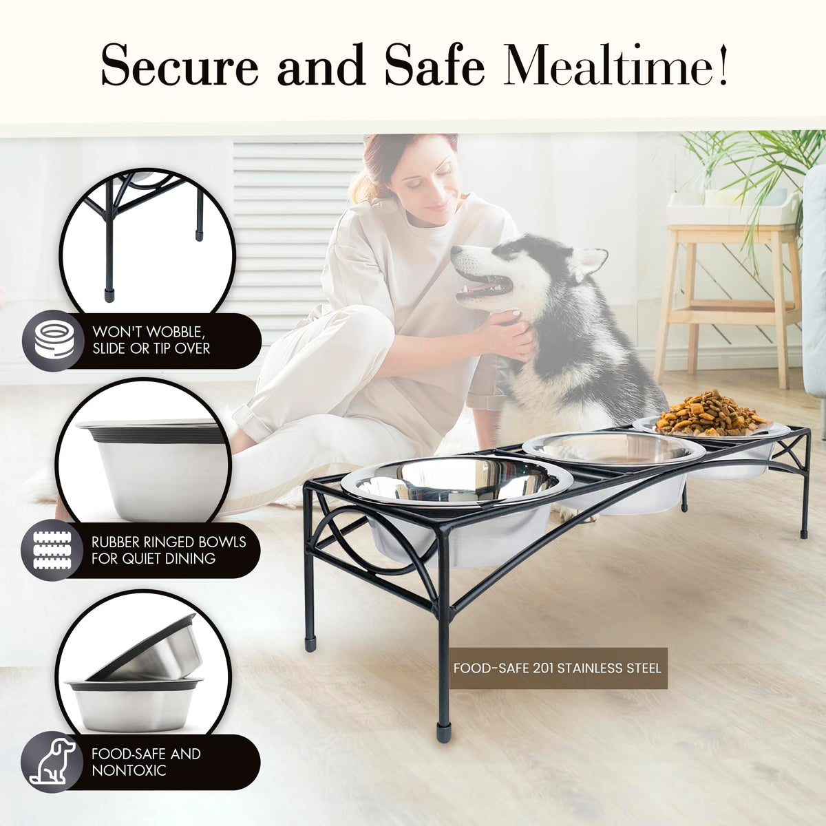 Black Triple Bowl Dog and Cat Feeder Stand with 3-2 Qt Stainless Bowls X80387