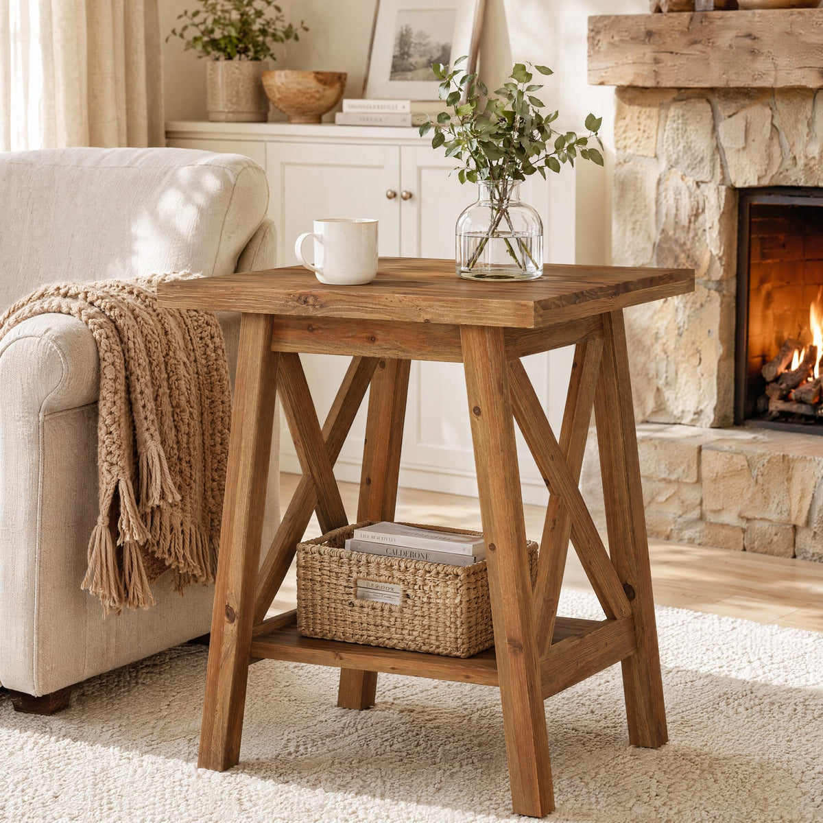 Solid Wood End Table Set of 2, Square Side Table with Storage, 2-Tier Nightstand, Brown G9614