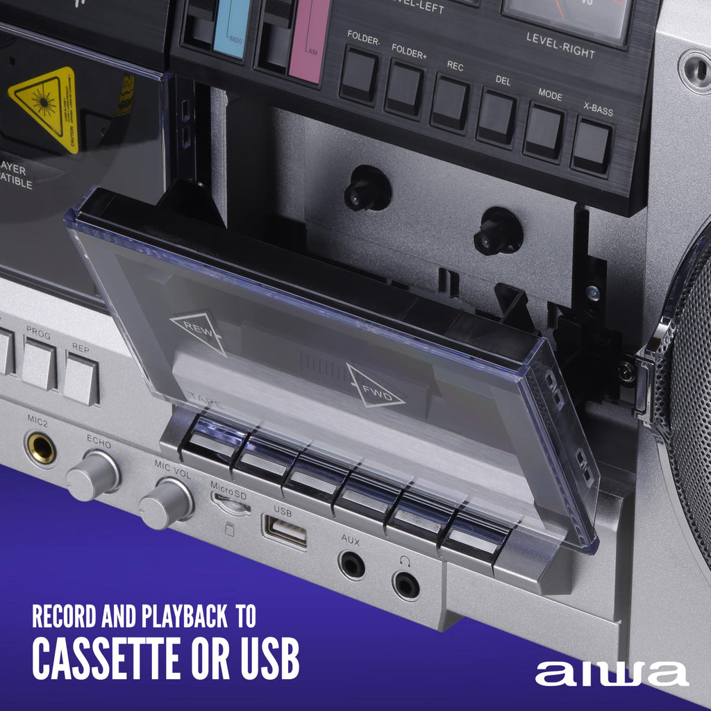 Retro Boombox CD Player with Cassette Recording, Bluetooth, FM/AM Radio, USB/SD/AUX Inputs, Dual 40W Speakers L239