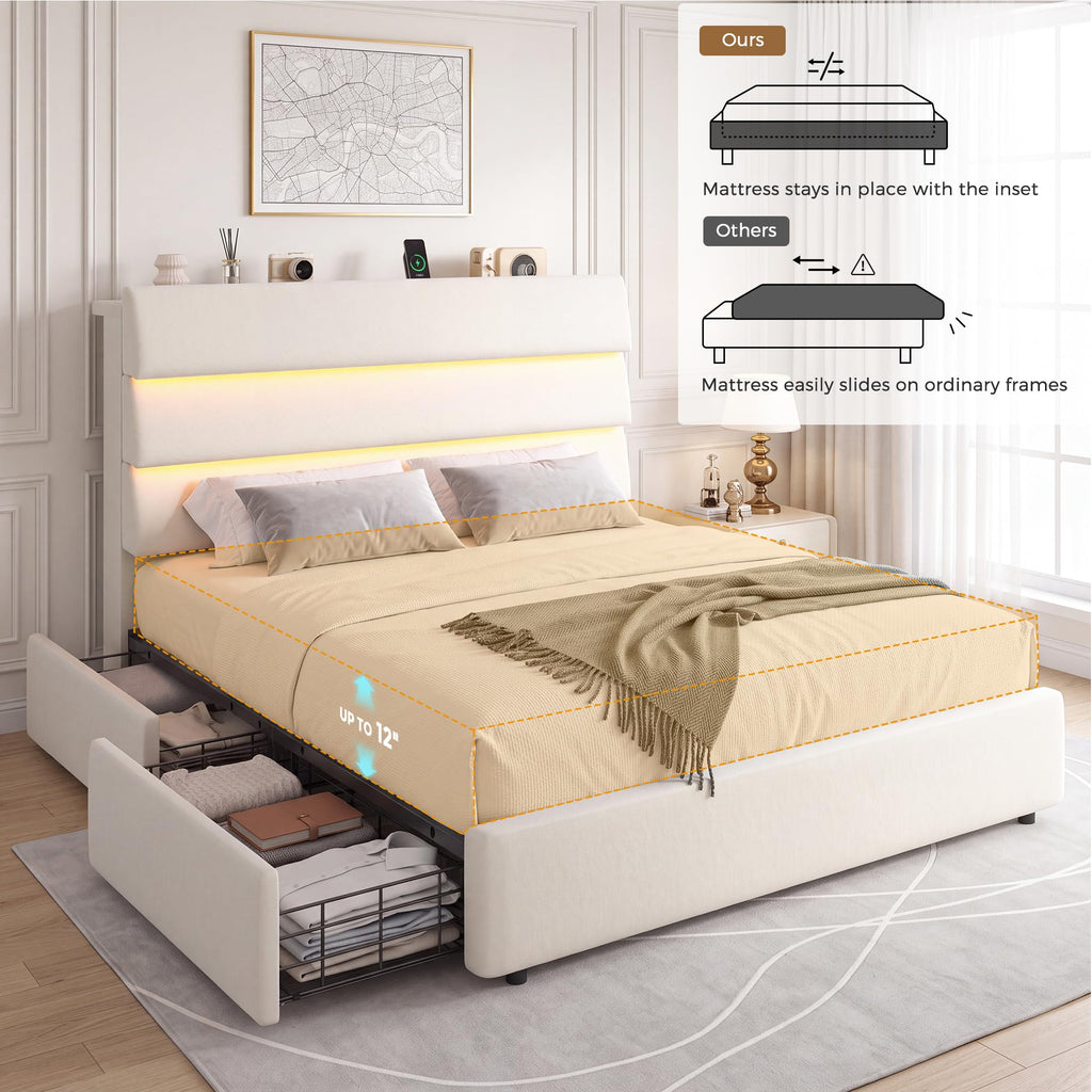 Beige Queen Size Bed Frame with 2 Storage Drawers A299