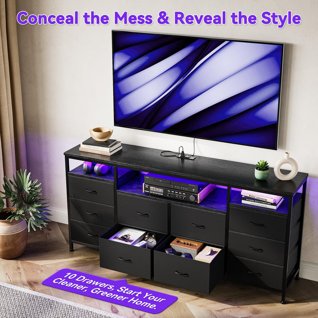 10 Drawer Dresser TV Stand with LED Lights and Power Outlets F3787
