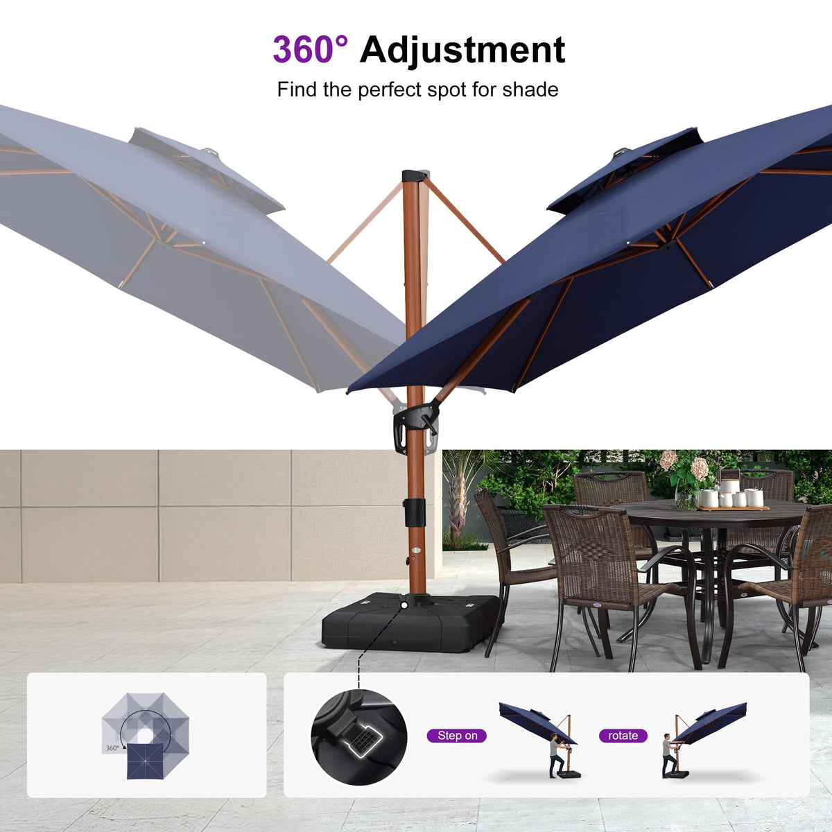 10ft Double Top Wood-Grain Finish Navy Blue Patio Umbrella U583