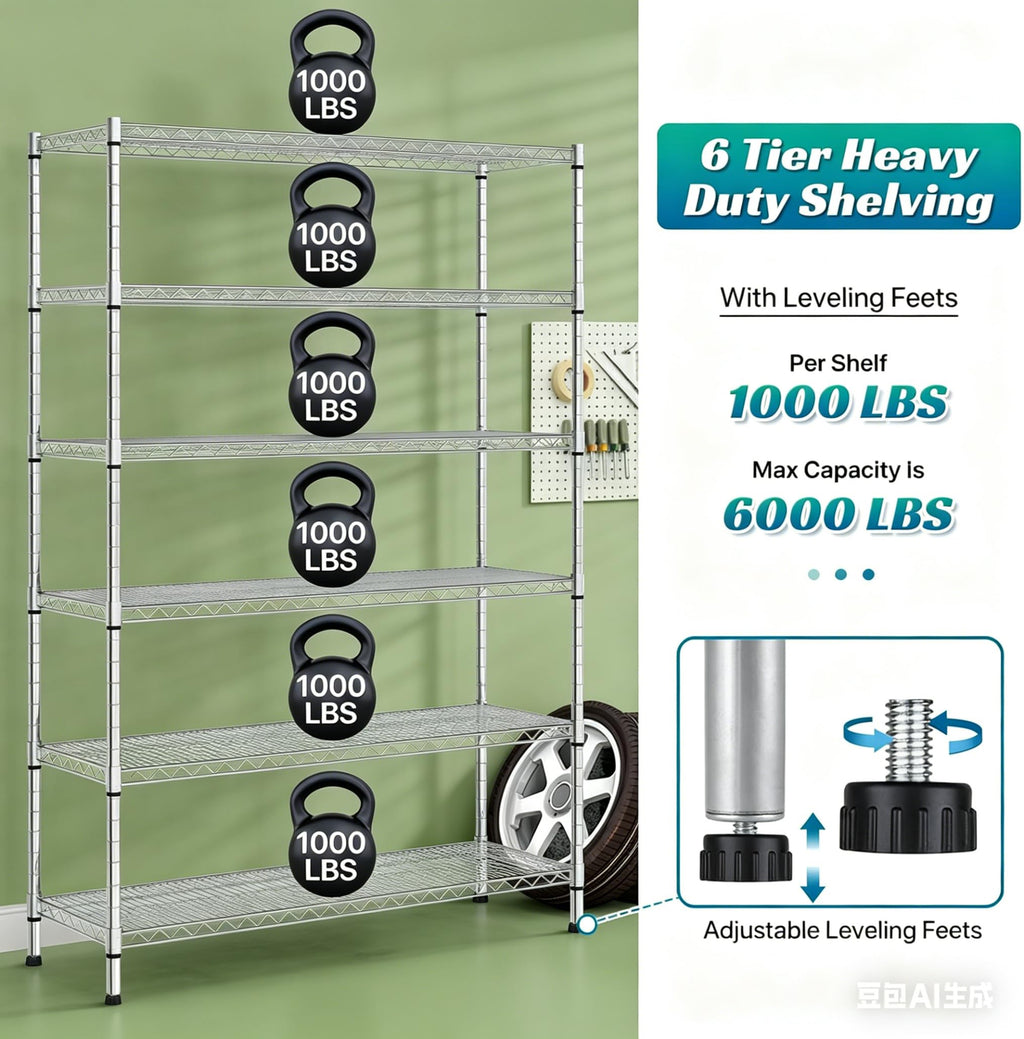 6-Tier Heavy Duty Steel Wire Shelving Unit with Wheels W19181