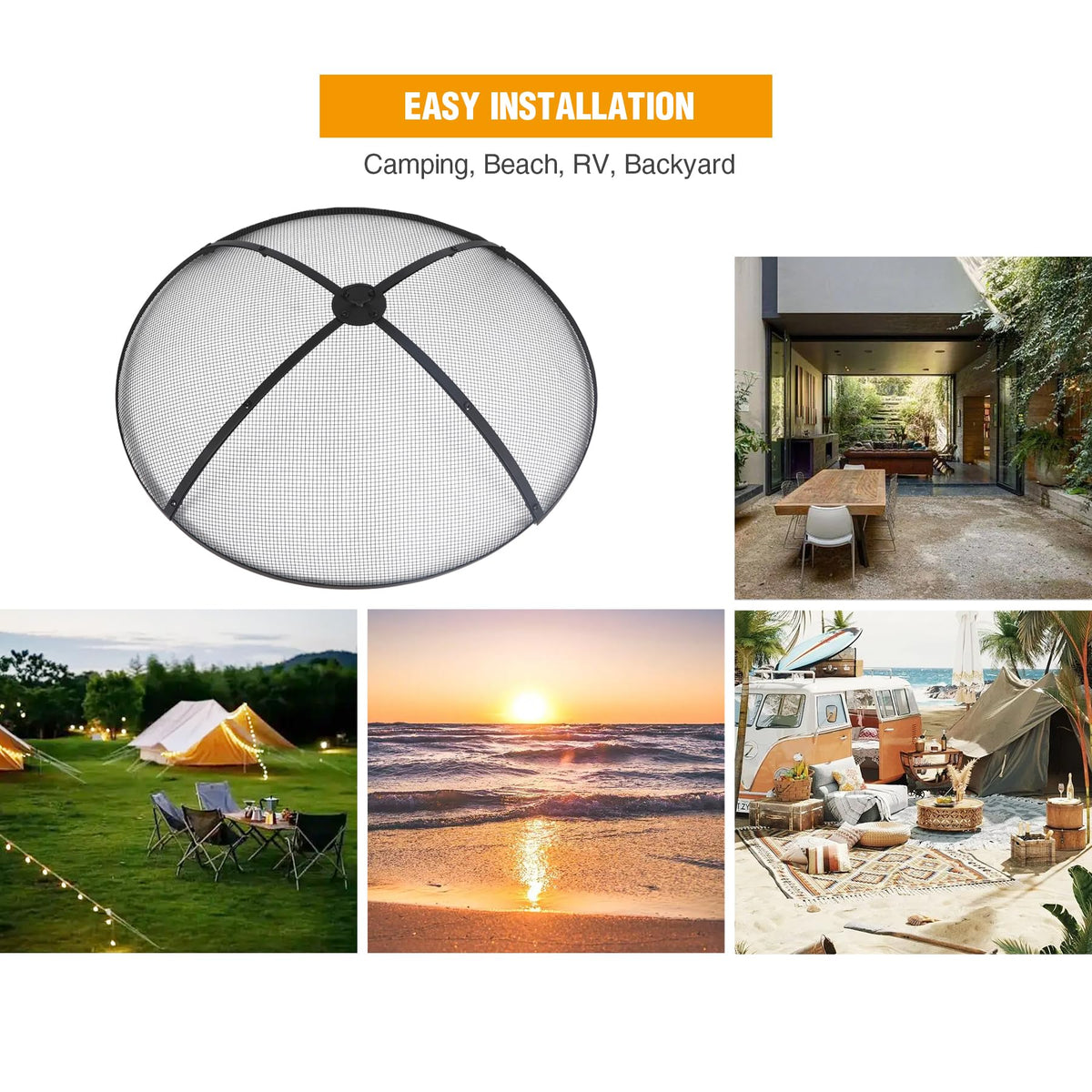 30 Inch Round Metal Fire Pit Spark Screen with Handle & Poker N204